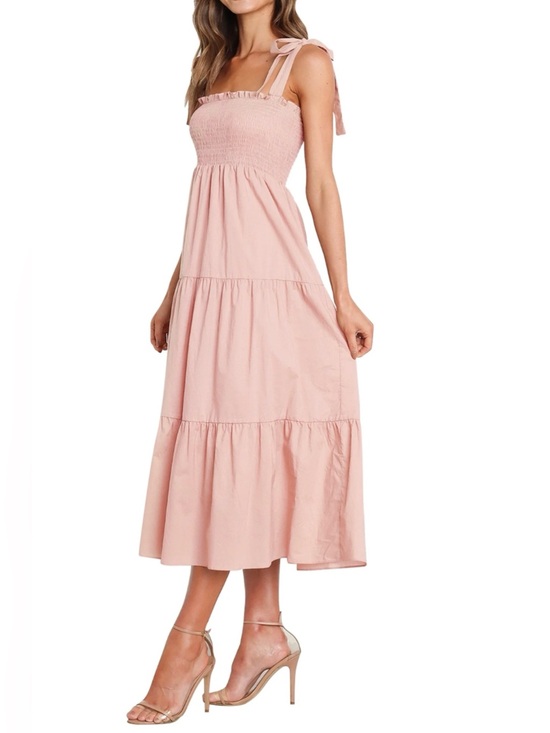 Petal & Pup Dresses & Skirts - Petal & Pup Tie-Shoulder Smocked Midi Dress - Blush Pink